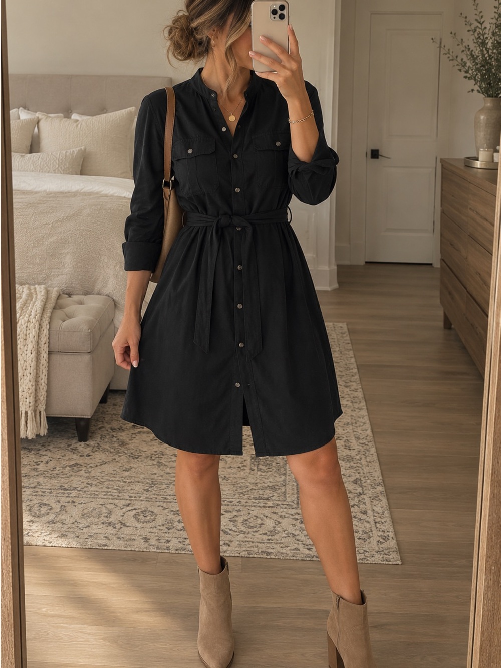 Banana Republic Black Button-Front Midi Shirt Dress with Waist Tie